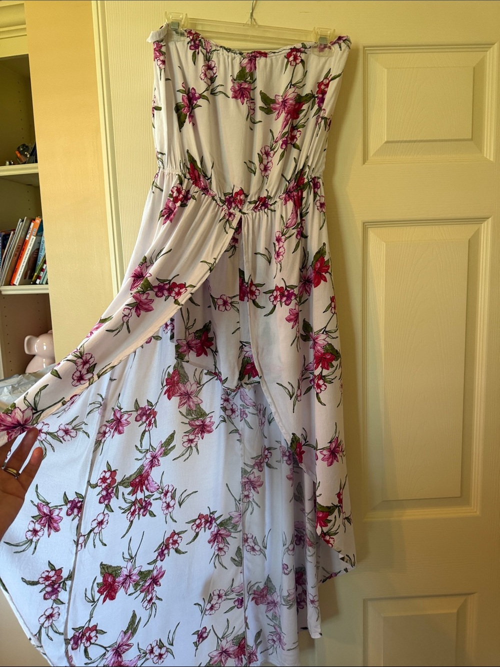 Papaya White Strapless High-Low Maxi Dress with shorts and Pink Floral Print